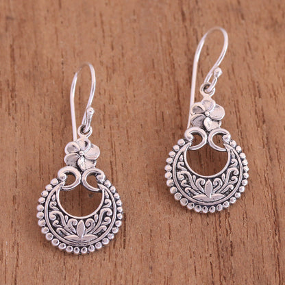 Frangipani Crescents Floral Sterling Silver Dangle Earrings Crafted in Bali