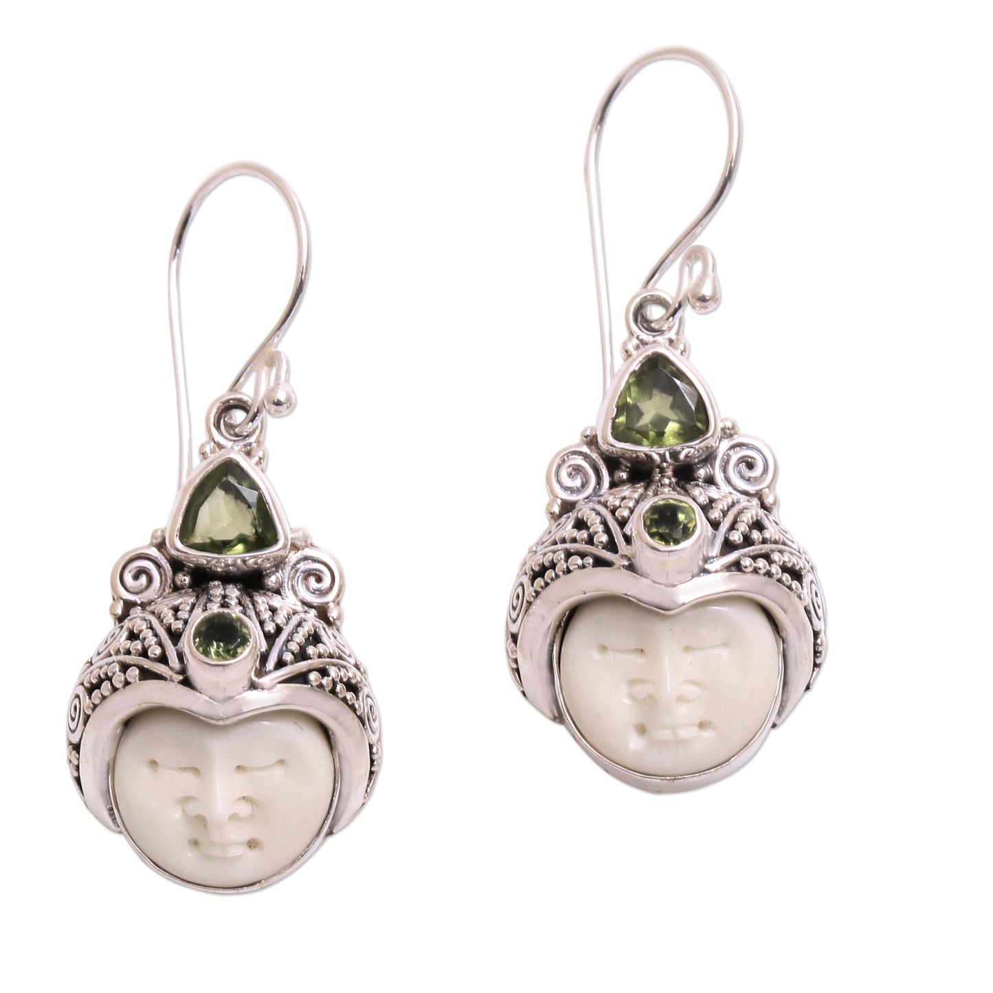 Celuk Pangeran Peridot and Carved Bone Dangle Earrings from Bali