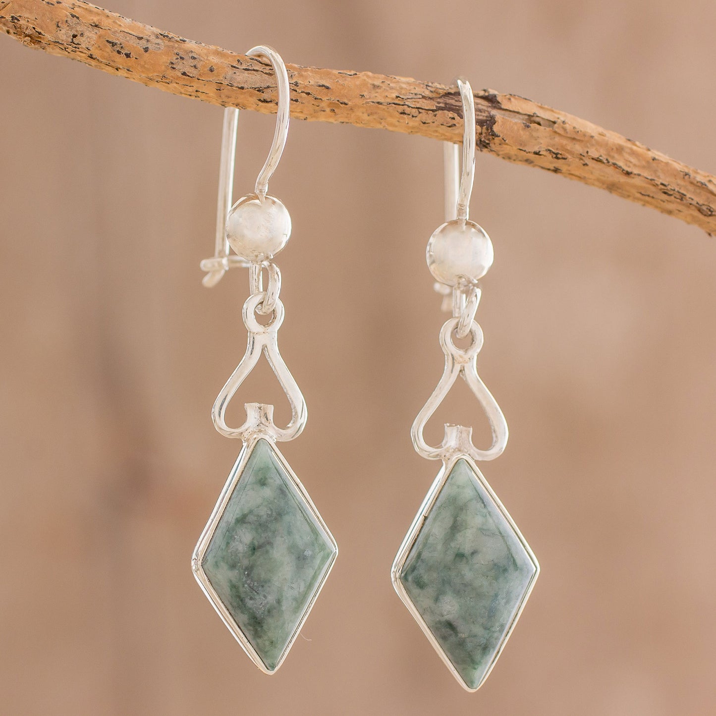 Marvelous Green Diamonds Diamond-Shaped Jade Dangle Earrings in Green from Guatemala