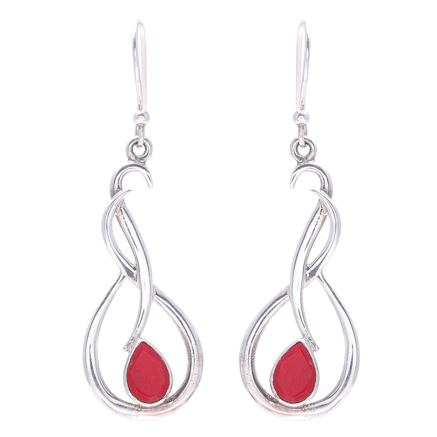 Fiery Dance Swirl Motif Ruby Dangle Earrings from India