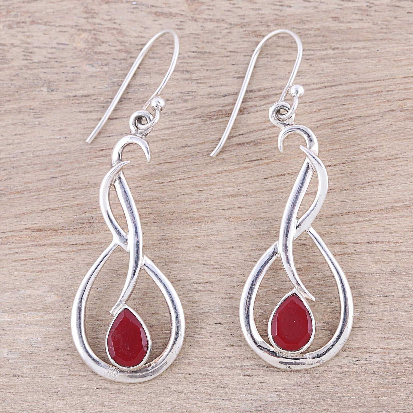 Fiery Dance Swirl Motif Ruby Dangle Earrings from India