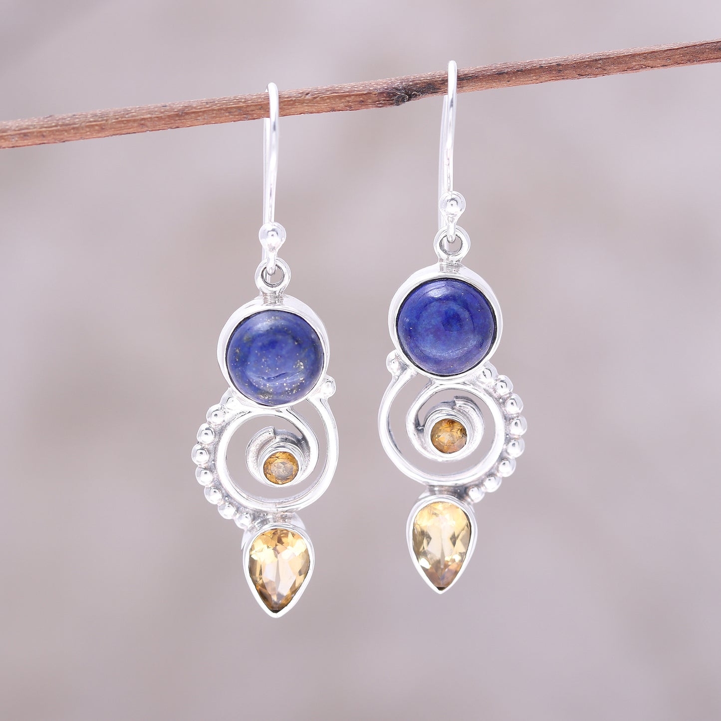 Majestic Spirals Citrine and Lapis Lazuli Spiral Earrings from India