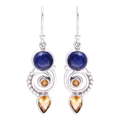 Majestic Spirals Citrine and Lapis Lazuli Spiral Earrings from India