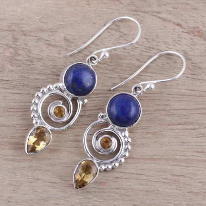 Majestic Spirals Citrine and Lapis Lazuli Spiral Earrings from India