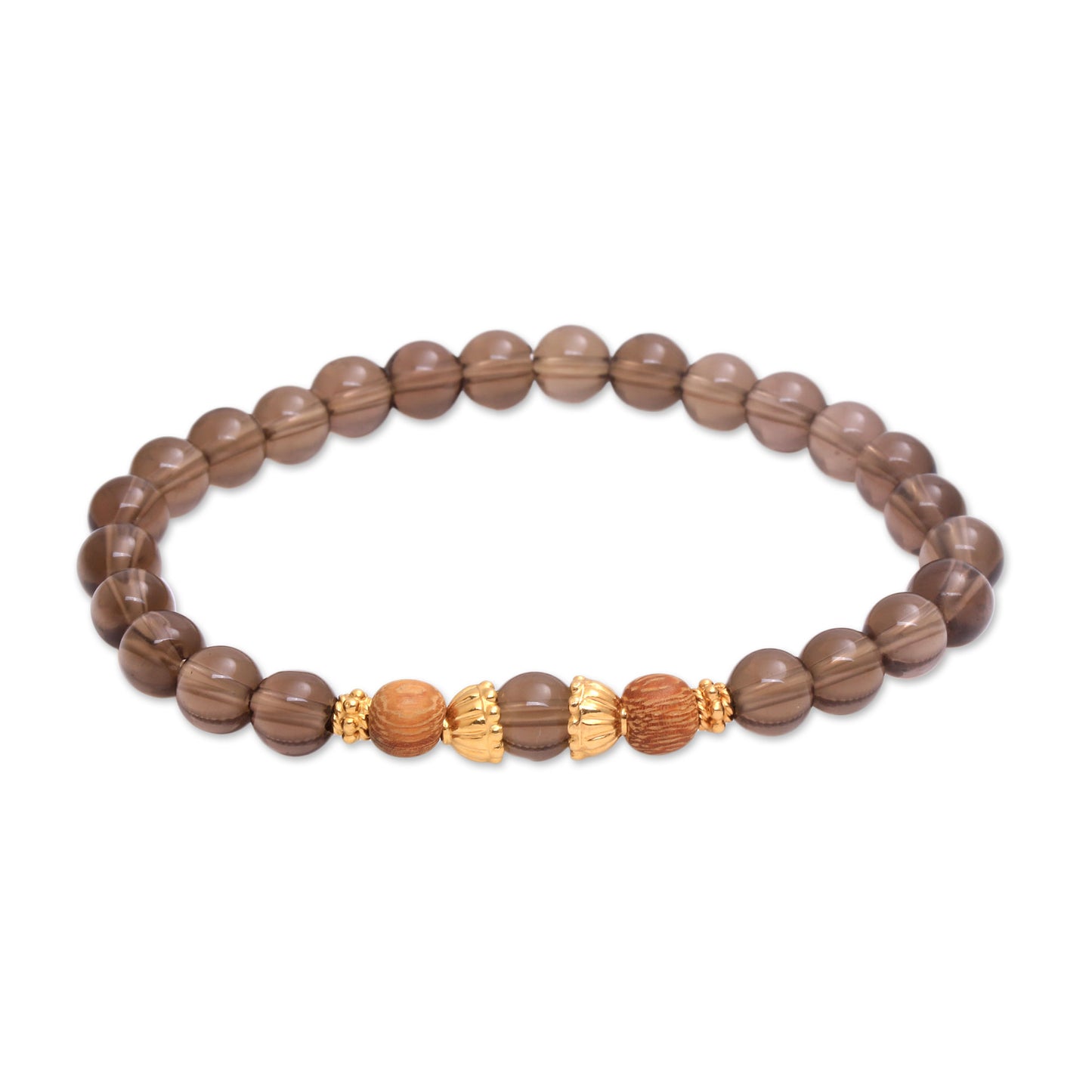 Batuan Tune Smoky Quartz Beaded Stretch Bracelet with Wood Accents