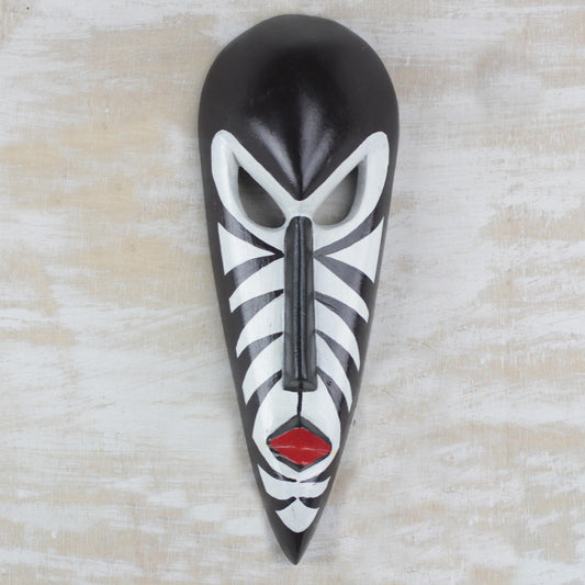 Love Stripes Handcrafted Wood African Mask in Black and White from Ghana