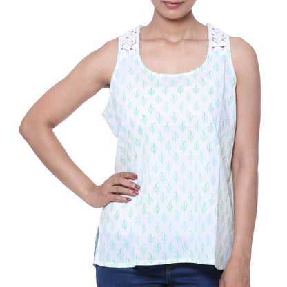 Summer Desire Block-Printed White Cotton Blouse from India