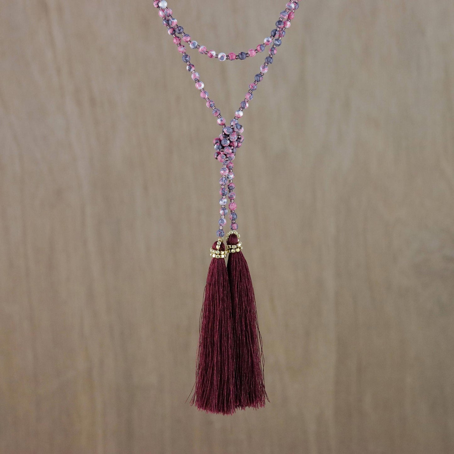 Festive Holiday in Dark Red Agate Beaded Lariat Necklace in Dark Red from Thailand