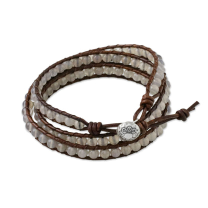 Spring Fog Chalcedony and Leather Beaded Wrap Bracelet from Thailand