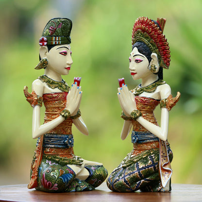 Balinese Bride and Groom Balinese Bride and Groom Handcrafted Wood Sculptures (Pair)