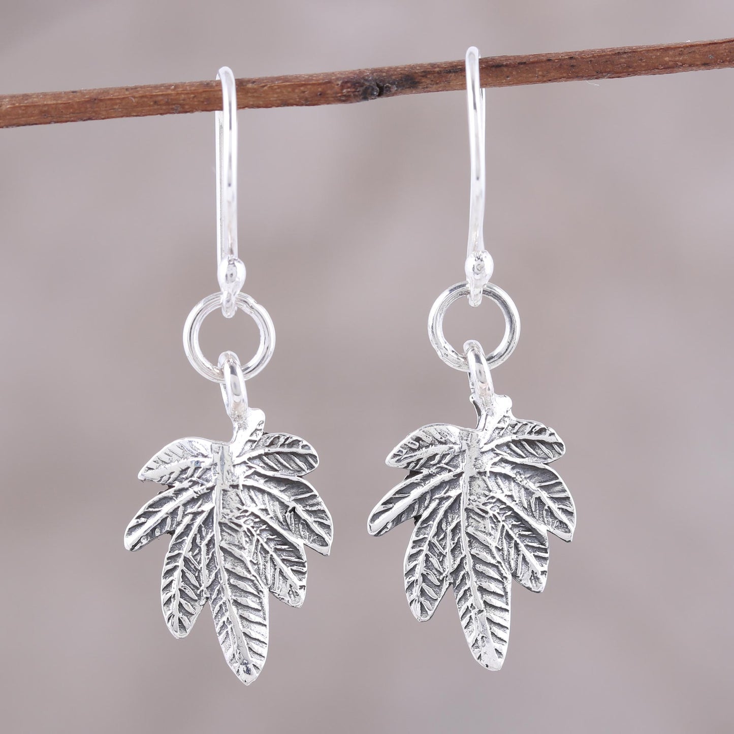 Fancy Foliage Sterling Silver Textured Leaves Dangle Earrings from India