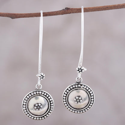 Floral Coin Sterling Silver Dotted Floral Medallion Dangle Earrings