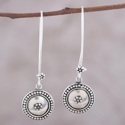 Floral Coin Sterling Silver Dotted Floral Medallion Dangle Earrings