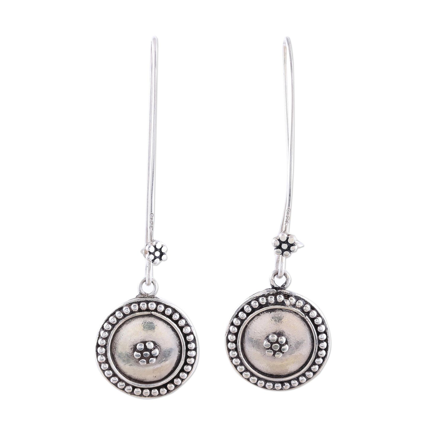 Floral Coin Sterling Silver Dotted Floral Medallion Dangle Earrings