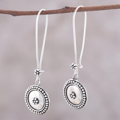 Floral Coin Sterling Silver Dotted Floral Medallion Dangle Earrings