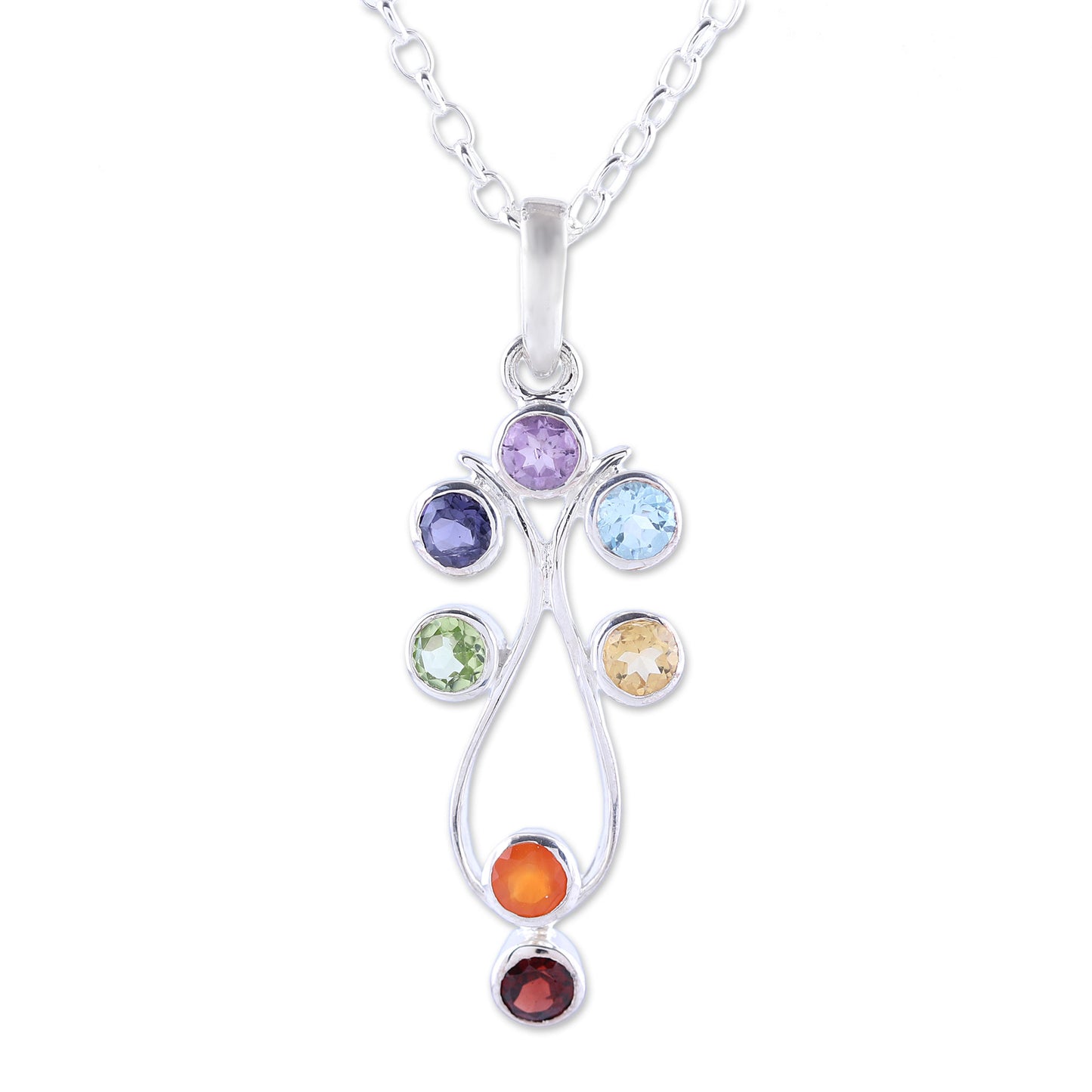 Wellspring of Energy Sterling Silver and Multi-Gemstone Chakra Pendant Necklace