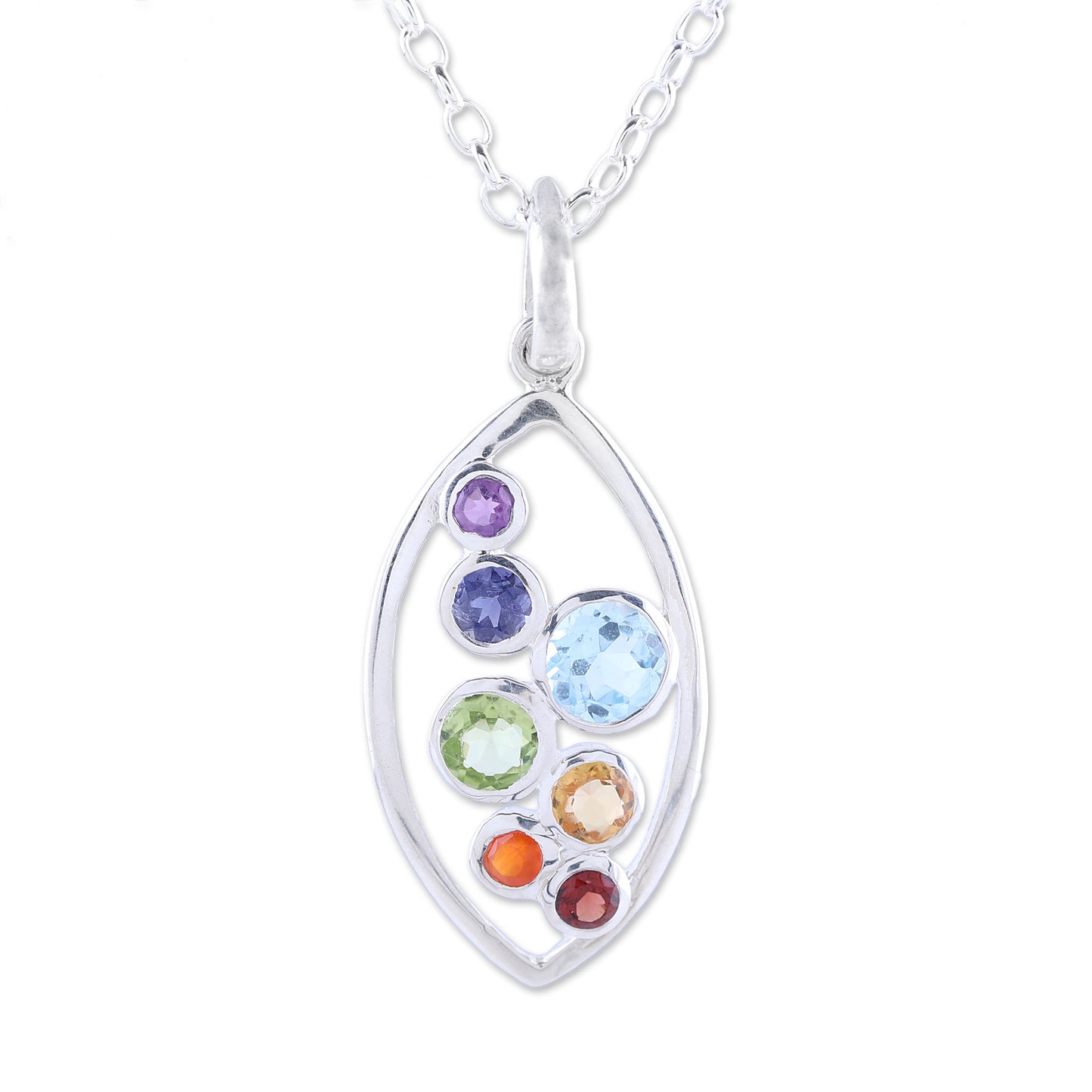 Rainbow Within Multi-Gemstone and Sterling Silver Ellipse Pendant Necklace