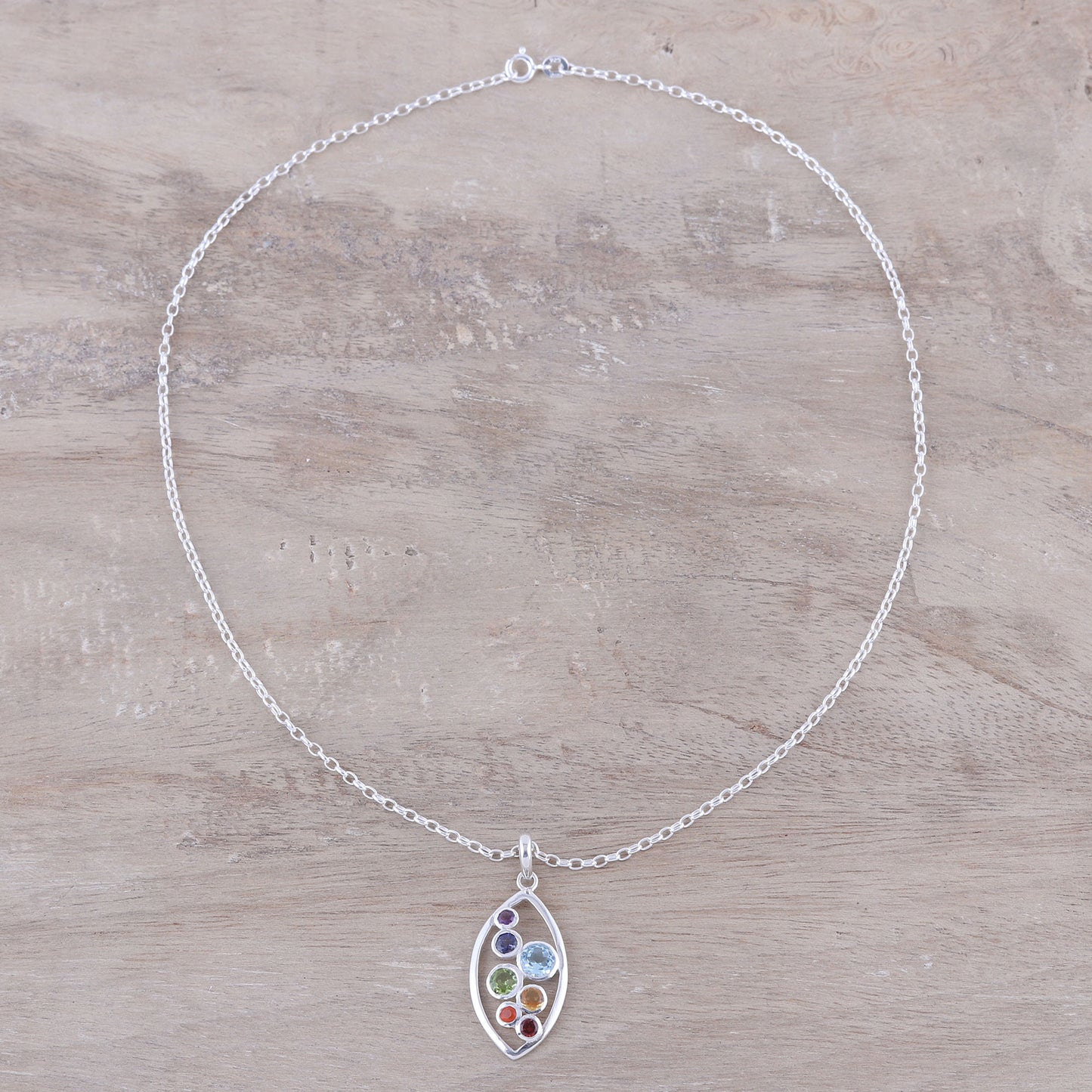 Rainbow Within Multi-Gemstone and Sterling Silver Ellipse Pendant Necklace