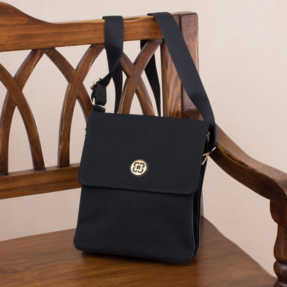 Dark and Elegant Leather Accent Cotton Handbag in Black from Peru