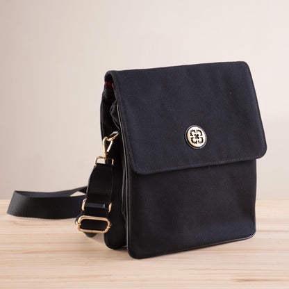 Dark and Elegant Leather Accent Cotton Handbag in Black from Peru