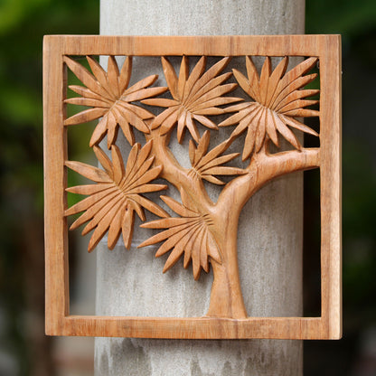 Greenery View Hand-Carved Balinese Tree Relief Panel in Suar Wood
