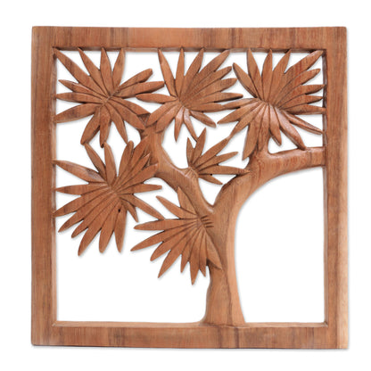 Greenery View Hand-Carved Balinese Tree Relief Panel in Suar Wood