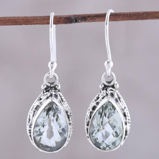 Verdant Mist Prasiolite and Sterling Silver Dangle Earrings from India