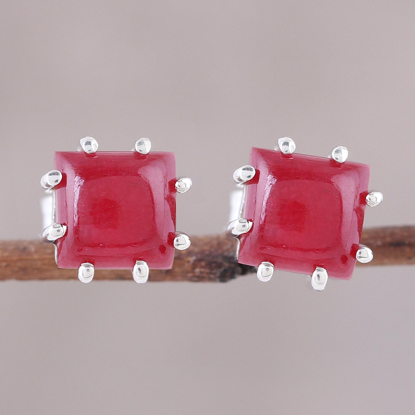 Brilliant Red Red Jasper and Sterling Silver Button Earrings from India