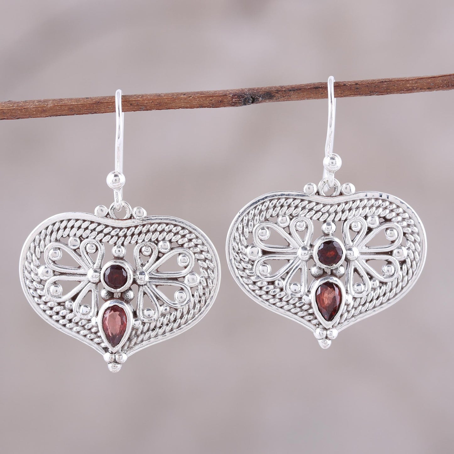 Bubbling with Love Garnet and Sterling Silver Heart Shaped Dangle Earrings