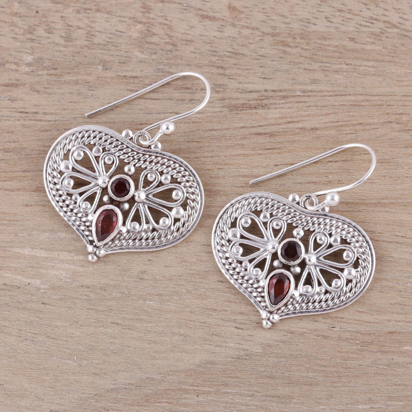 Bubbling with Love Garnet and Sterling Silver Heart Shaped Dangle Earrings