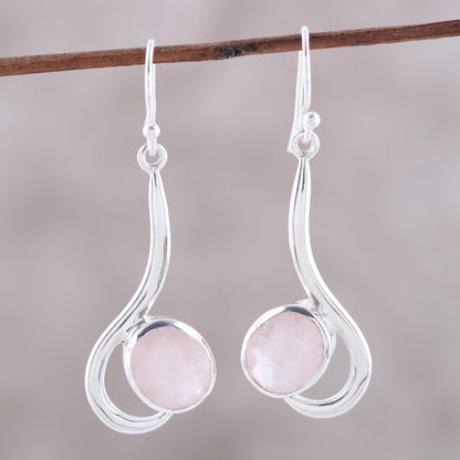 Cool Sabarmati Rose Quartz Ovals Set In Sterling Silver Arc Dangle Earrings