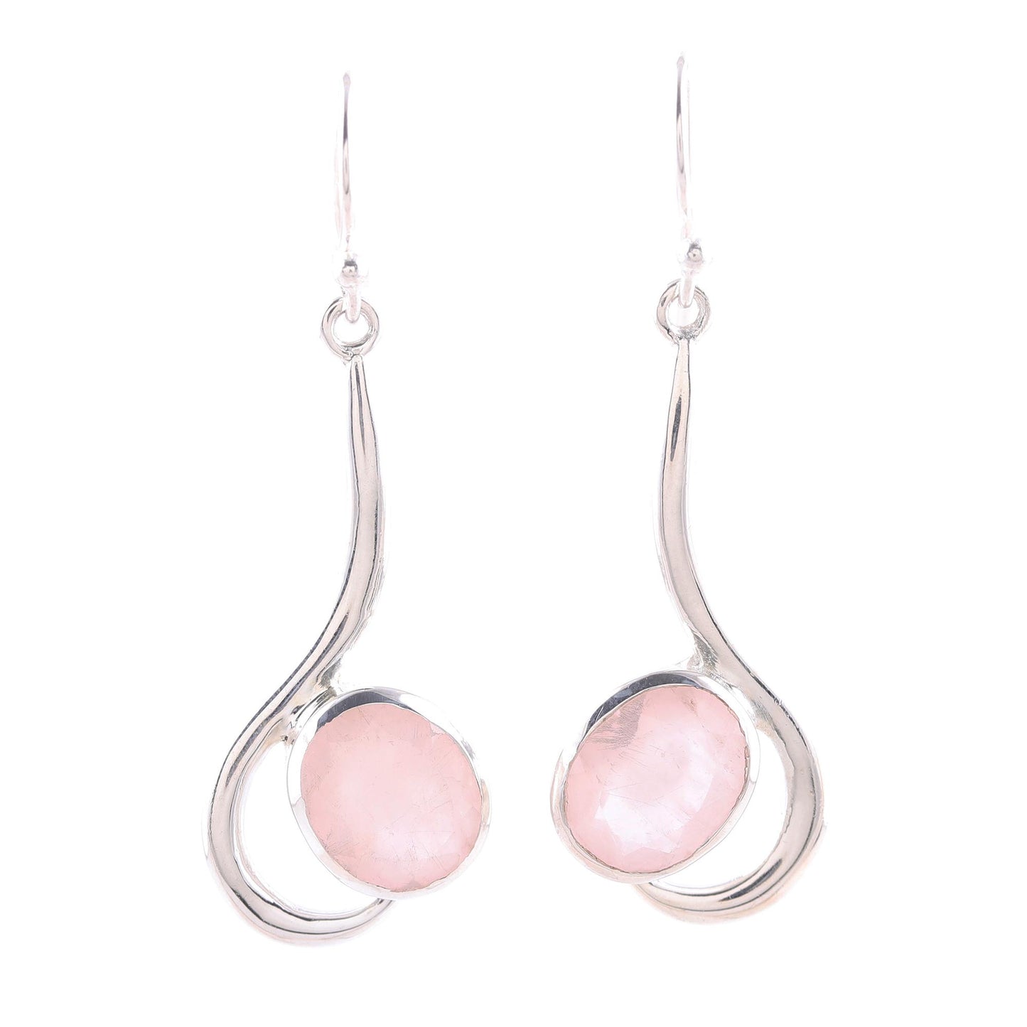 Cool Sabarmati Rose Quartz Ovals Set In Sterling Silver Arc Dangle Earrings
