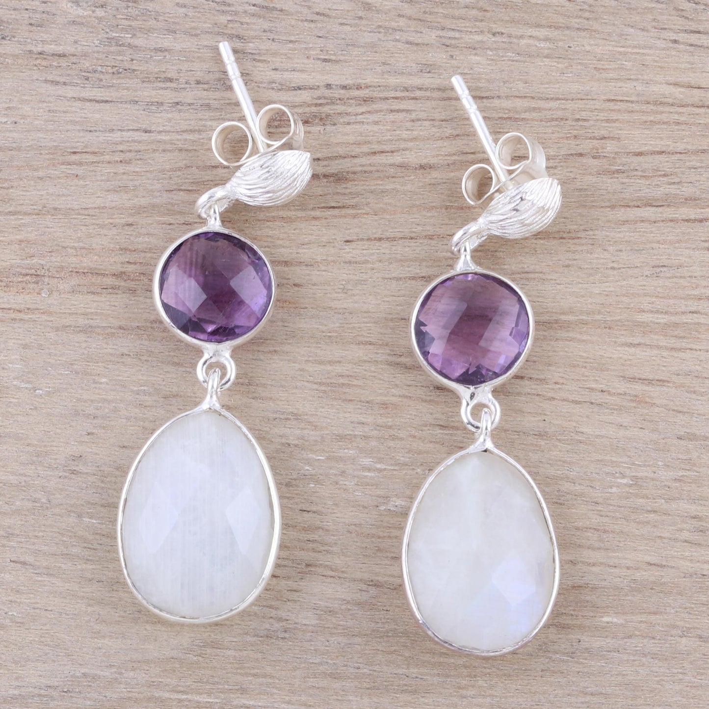 Sundown Mist Rainbow Moonstone Amethyst Sterling Silver Dangle Earrings