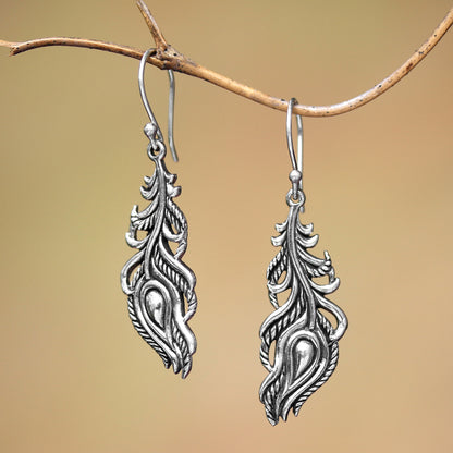 Peacock Luck Sterling Silver Peacock Feather Dangle Earrings from Bali