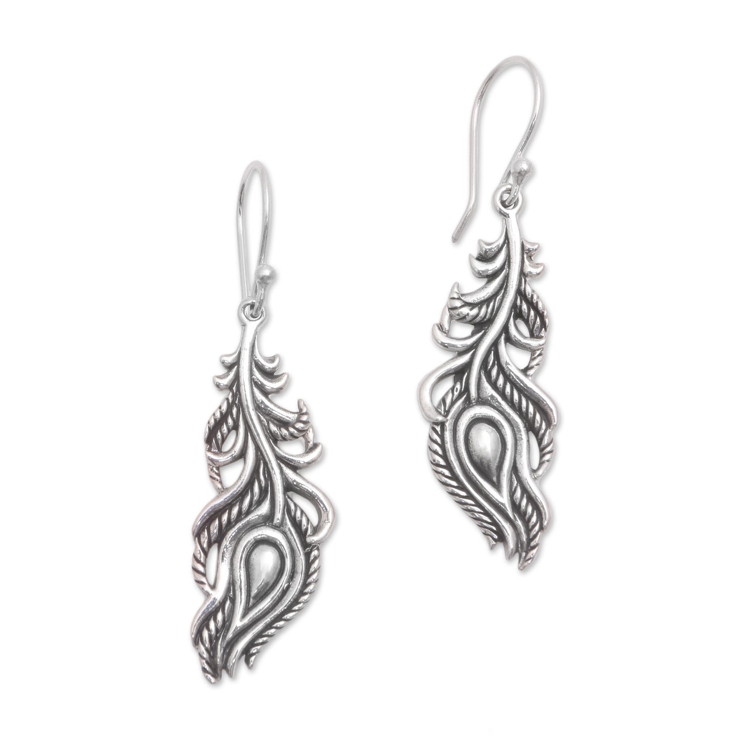 Peacock Luck Sterling Silver Peacock Feather Dangle Earrings from Bali