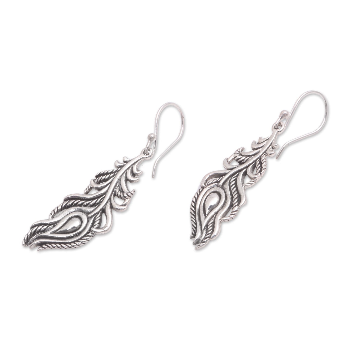 Peacock Luck Sterling Silver Peacock Feather Dangle Earrings from Bali