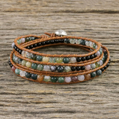 Sunset Fields Moss Agate and Onyx Beaded Leather Cord Wrap Bracelet