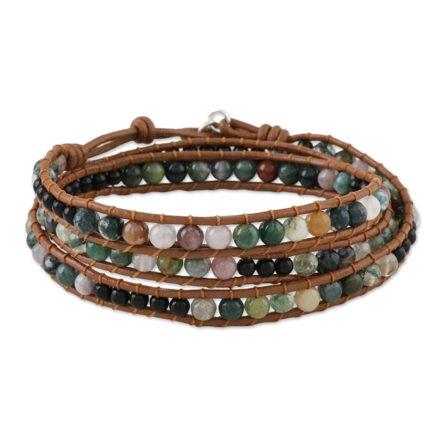 Sunset Fields Moss Agate and Onyx Beaded Leather Cord Wrap Bracelet