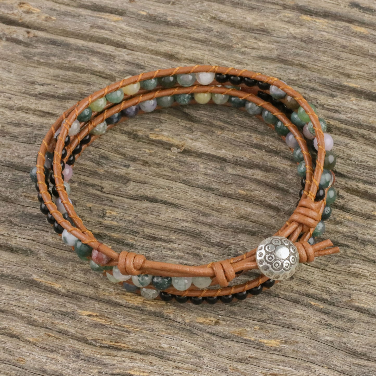 Sunset Fields Moss Agate and Onyx Beaded Leather Cord Wrap Bracelet