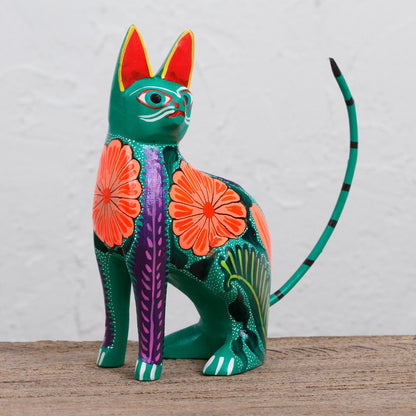 Floral Feline Handcrafted Copal Wood Alebrije Cat Figurine from Mexico