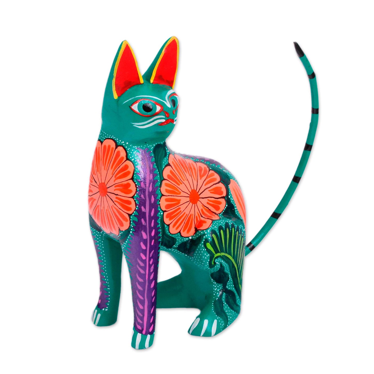 Floral Feline Handcrafted Copal Wood Alebrije Cat Figurine from Mexico