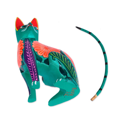 Floral Feline Handcrafted Copal Wood Alebrije Cat Figurine from Mexico