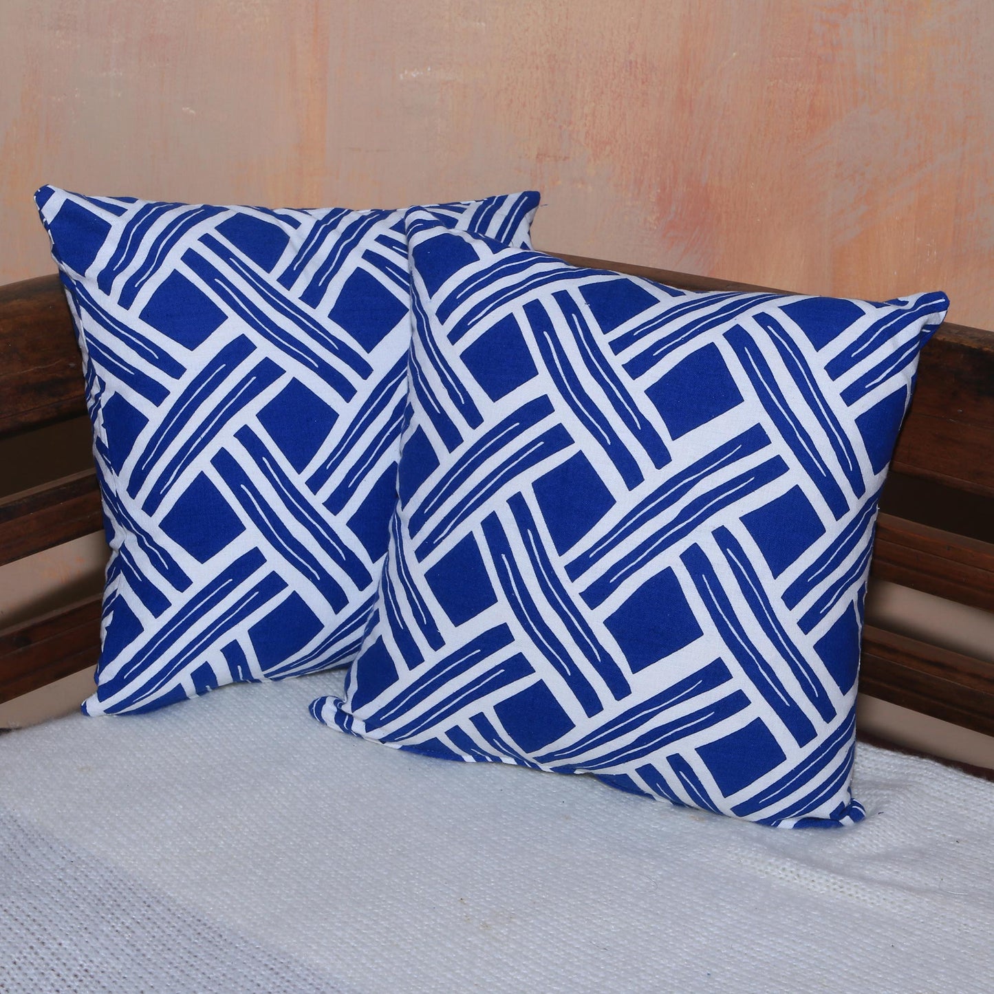 Bedeg in Bali Pair of Blue and White Cotton Cushion Covers from Bali