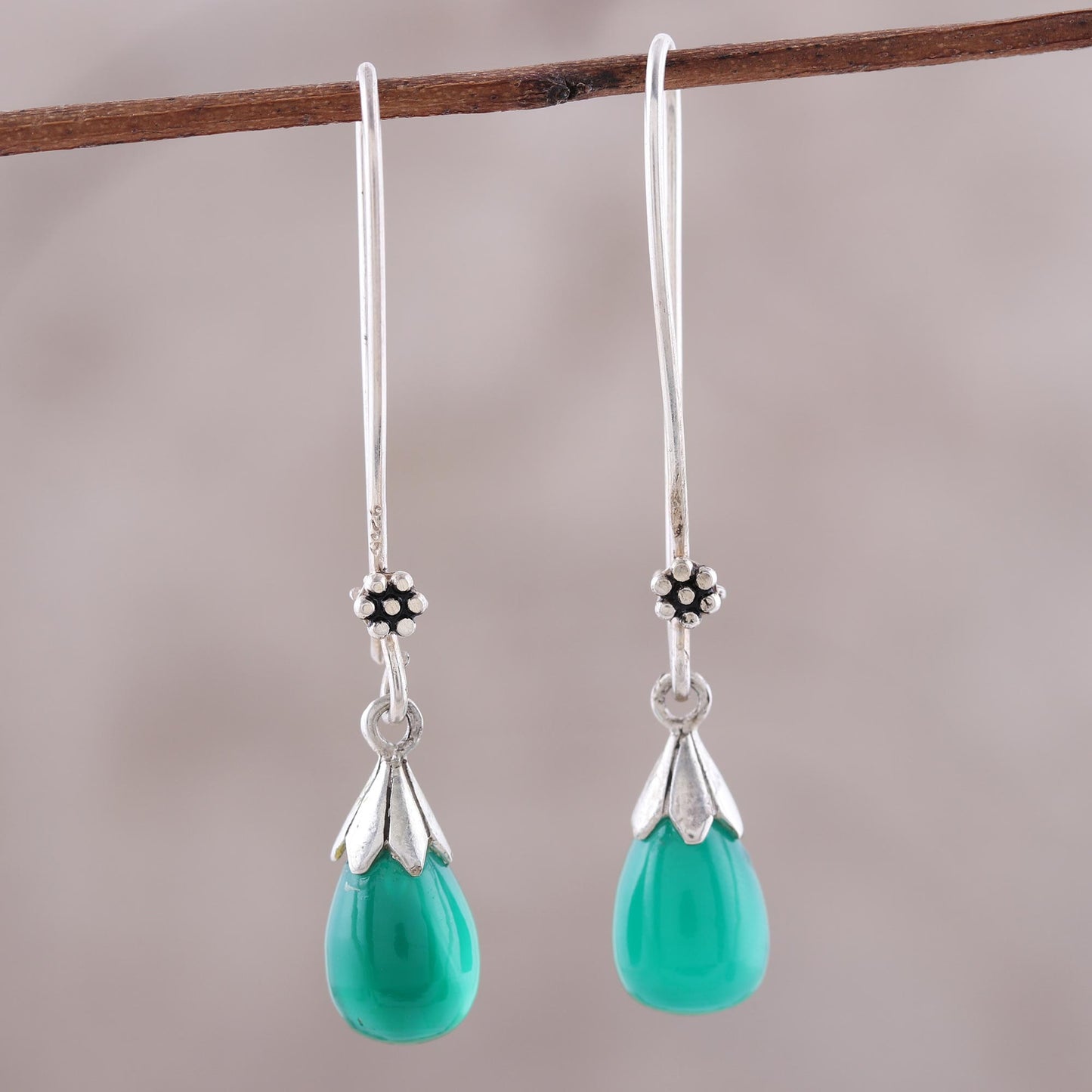 Graceful Tear in Green Green Onyx and Sterling Silver Teardrop Dangle Earrings