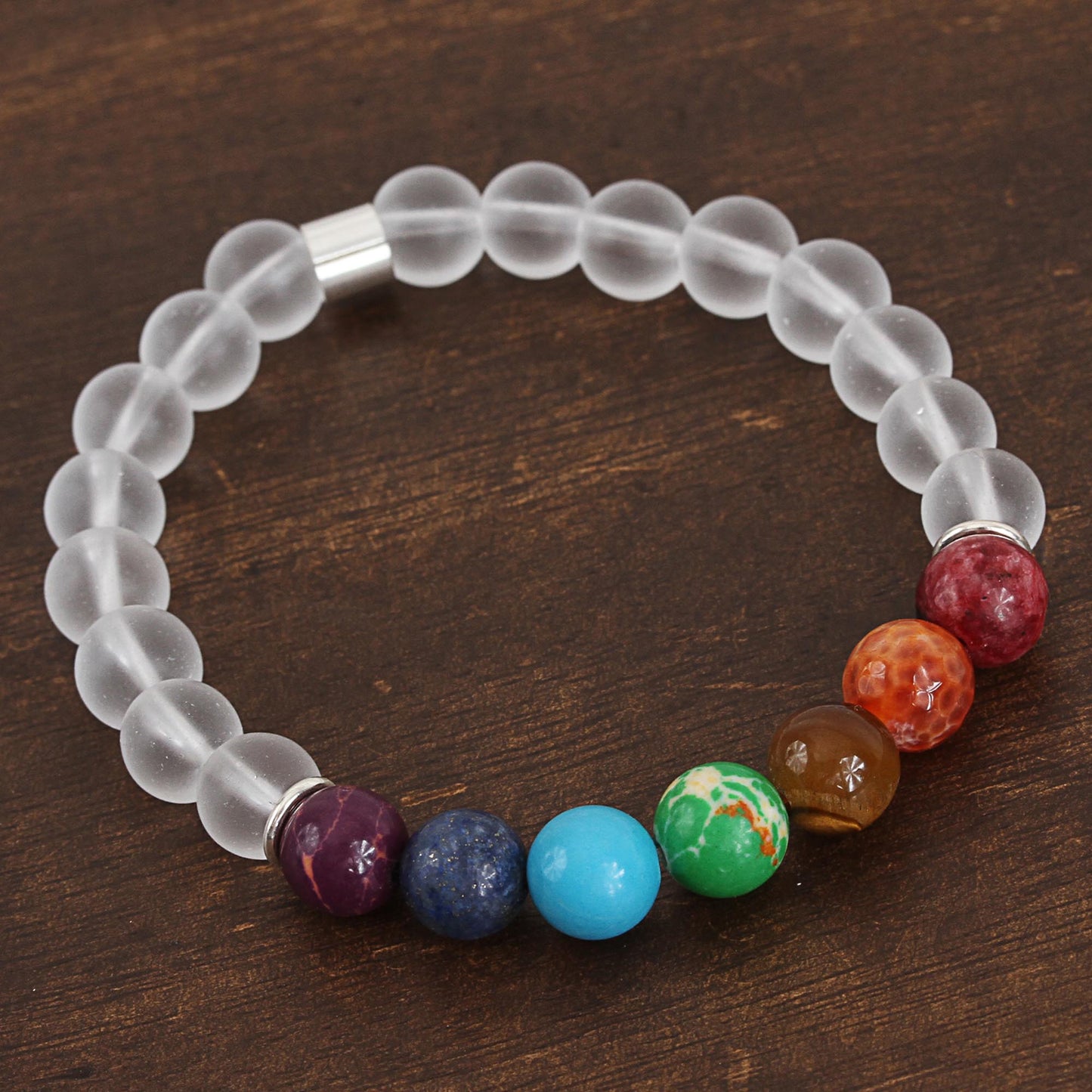 Seven Chakras in White Agate and Tiger's Eye Chakra Bracelet in White from Mexico