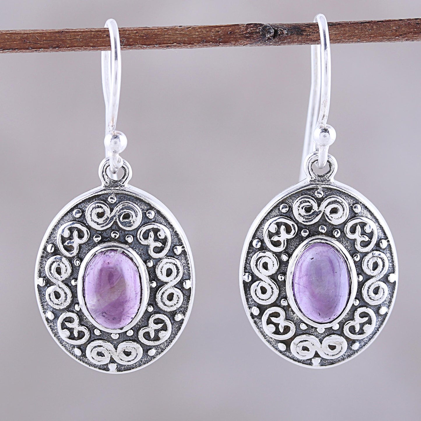 Swirling Ellipse Swirl Motif Oval Amethyst Dangle Earrings from India