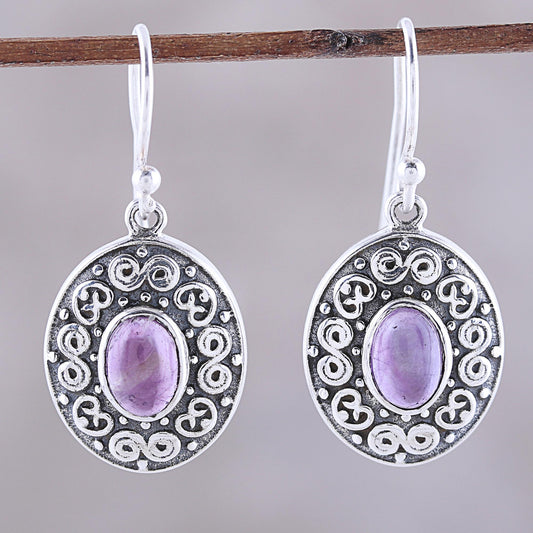 Swirling Ellipse Swirl Motif Oval Amethyst Dangle Earrings from India