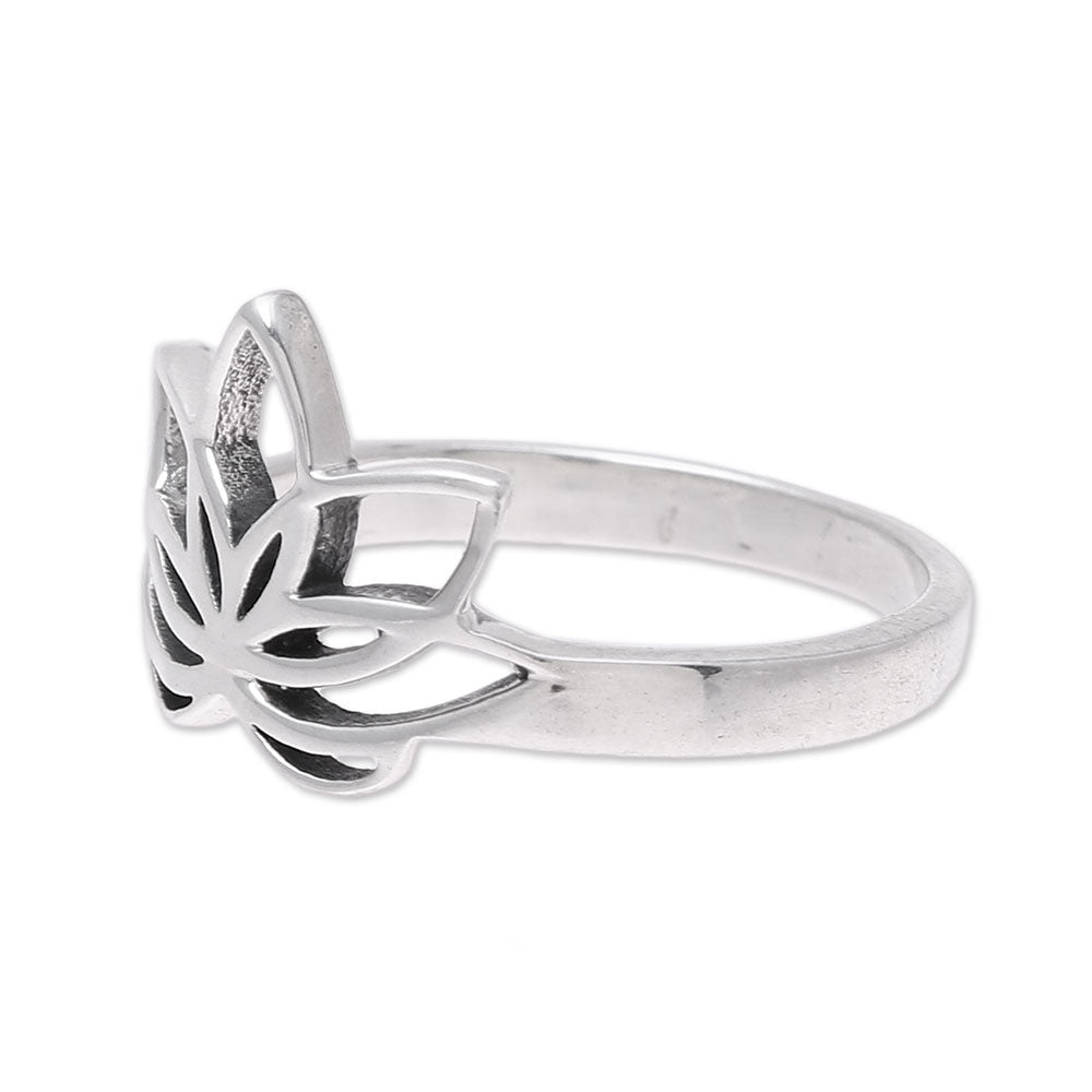 Graceful Lotus Sterling Silver Lotus Flower Cocktail Ring from India