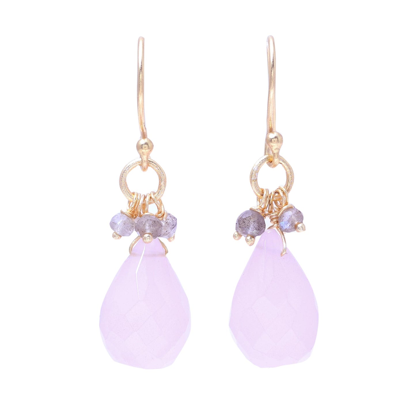 Glittering Pink Drops 22k Gold Plated Rose Quartz and Labradorite Dangle Earrings