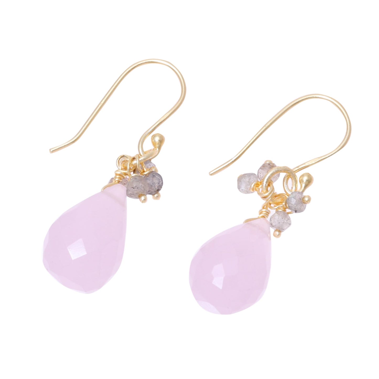 Glittering Pink Drops 22k Gold Plated Rose Quartz and Labradorite Dangle Earrings